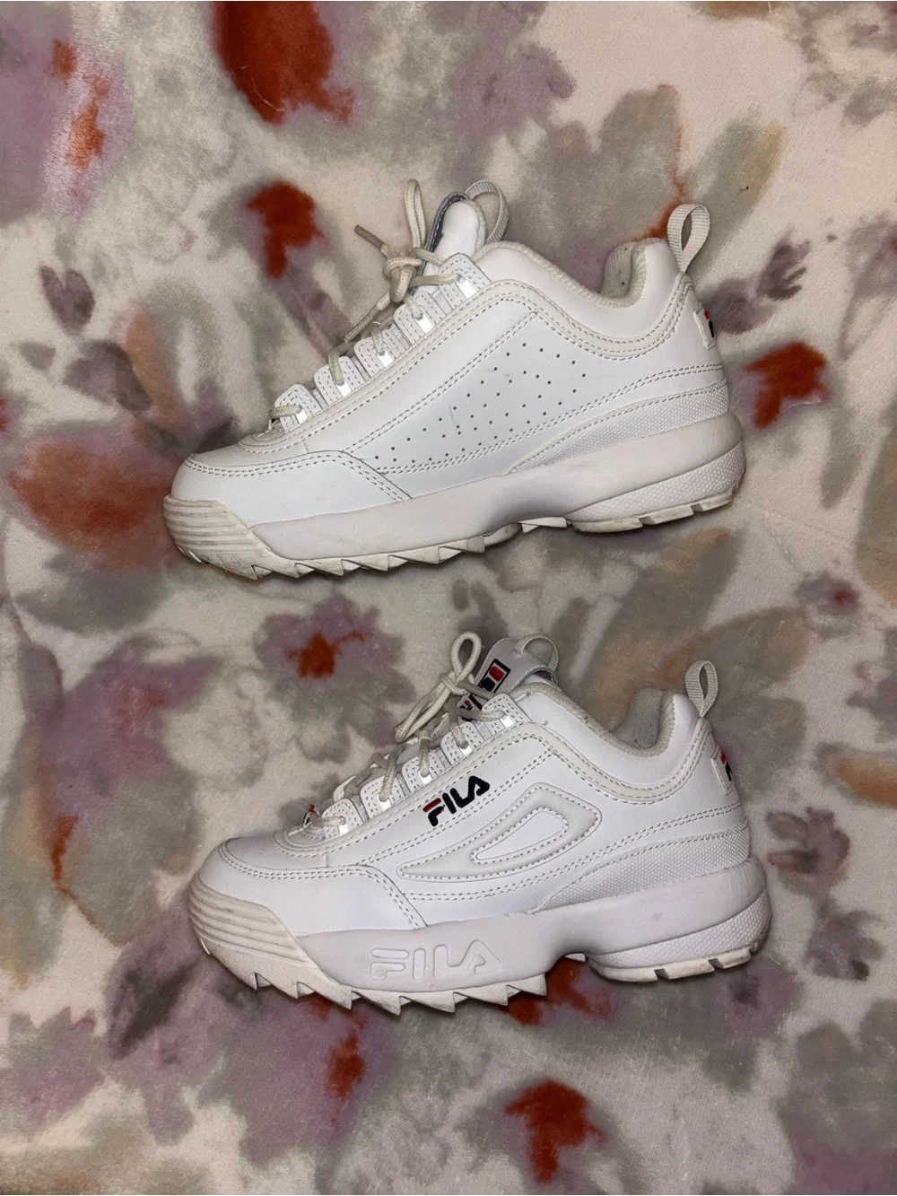 FILA White Leather Chunky Sneakers with Red & Navy Accents